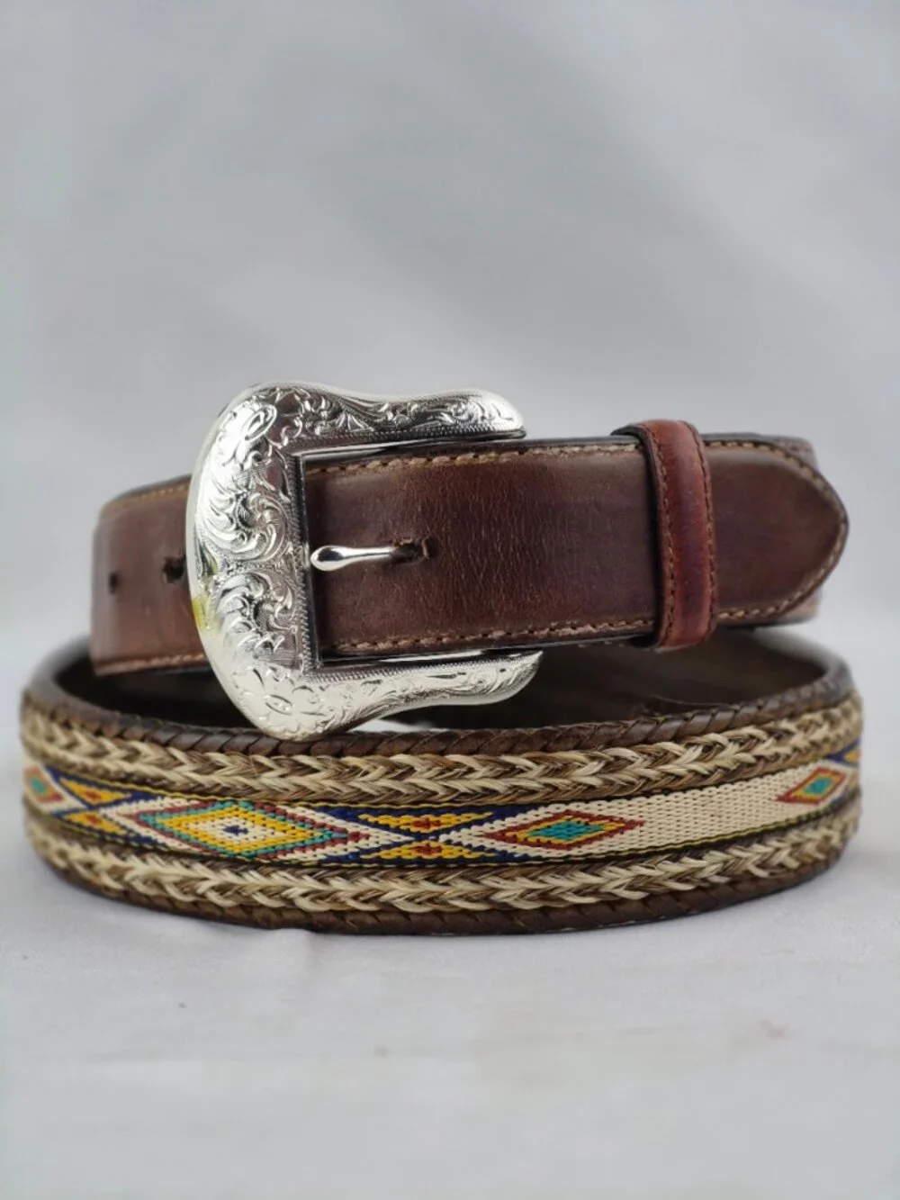Tony Lama Aged Bark Leather Badlands Belt Horse Hair Nylon Inlay Western 38